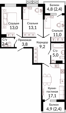 Планировка 3-комн 79,4 м²