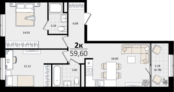 Планировка 2-комн 59,6, 59,81 м²