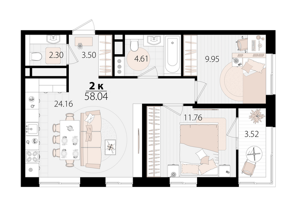 Планировка 2-комн 57,86 м²