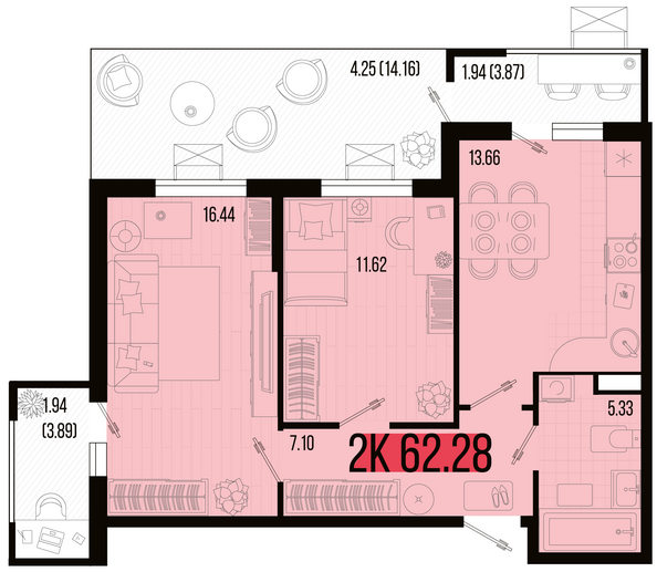 Планировка 2-комн 62,28 м²