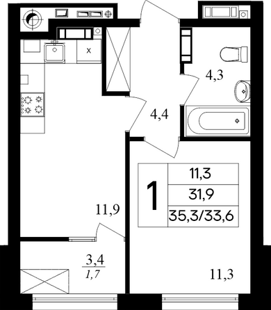 Планировка 1-комн 35,3 м²