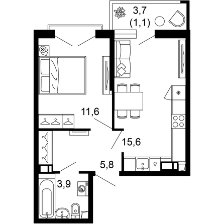 Планировка 1-комн 38 м²