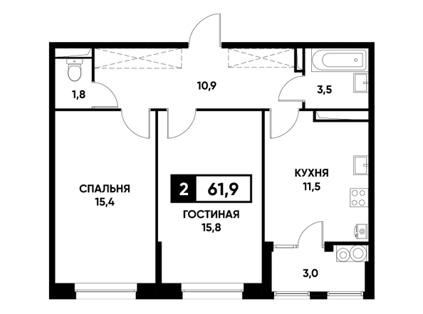 Планировка 2-комн 61,9 м²