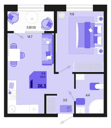 Планировка 1-комн 36,3 м²