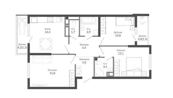 Планировка 3-комн 75,6 м²