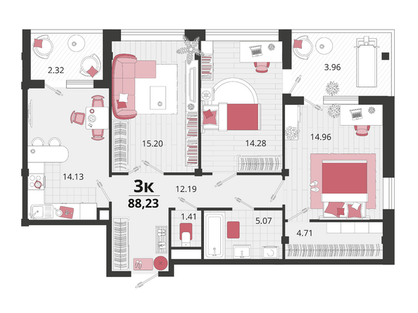 Планировка 3-комн 88,23 м²