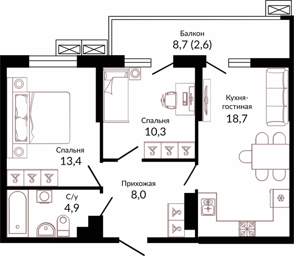 Планировка 2-комн 57,9 м²