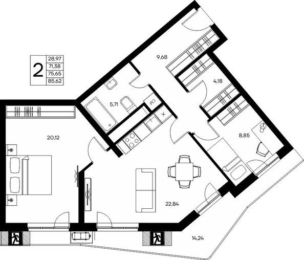 Планировка 2-комн 85,62, 85,87 м²