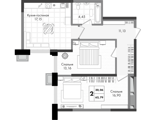 Планировка 2-комн 62,79 м²