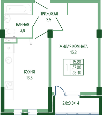 Планировка 1-комн 38,4 м²