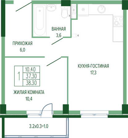 Планировка 1-комн 38,3 м²