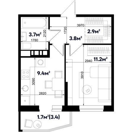 Планировка 1-комн 33,3 м²