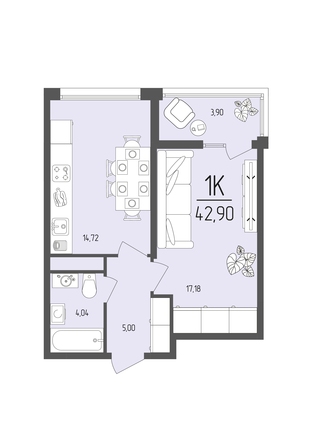 Планировка 1-комн 42,9 м²