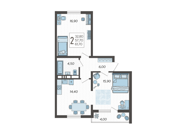 Планировка 2-комн 61,7 м²