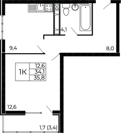 Планировка 1-комн 35,8 м²