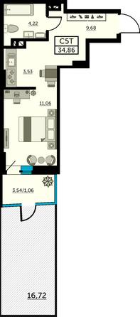 Планировка Студия 34,86 м²