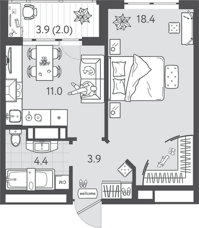 Планировка 1-комн 39,7 м²