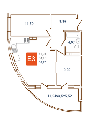 Планировка 3-комн 63,77 м²