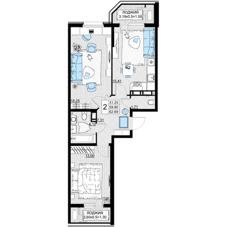 Планировка 2-комн 62,69 м²