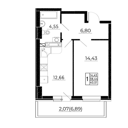 Планировка 1-комн 40,51 м²