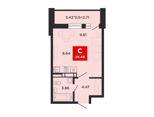 Планировка Студия 28,82, 29,49 м²