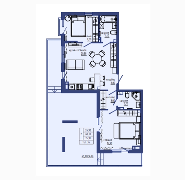 Планировка 3-комн 75,1 м²