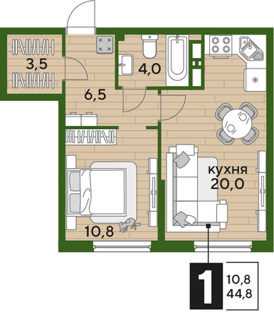 Планировка 1-комн 44,8 м²