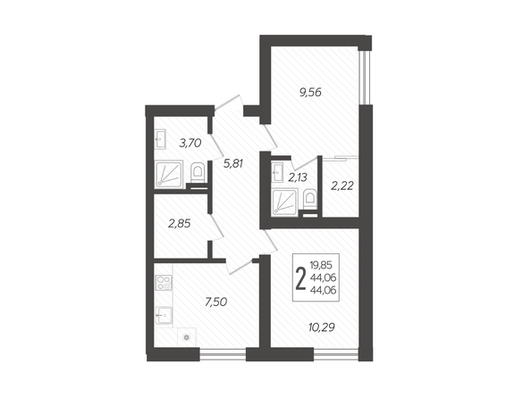 Планировка 2-комн 44,06 м²