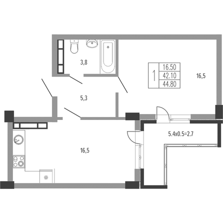 Планировка 1-комн 44,8 м²