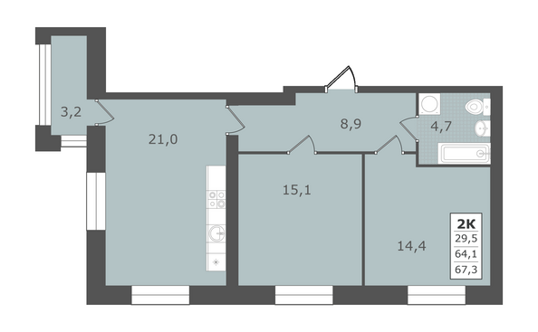 Планировка 2-комн 67,3 м²