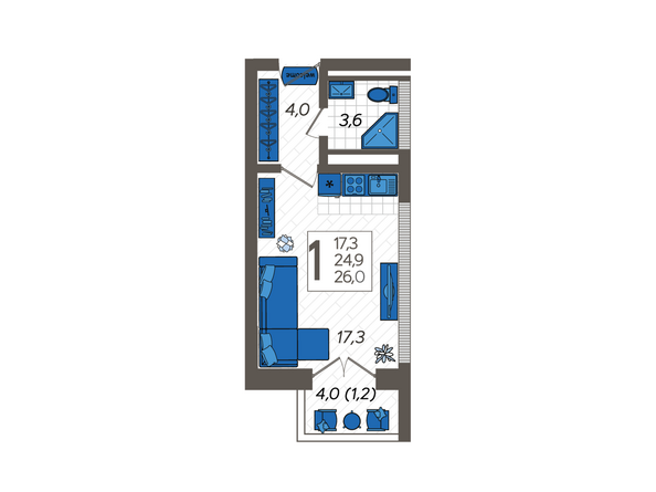 Планировка 1-комн 26 м²