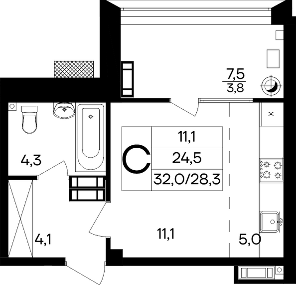 Планировка 1-комн 32 м²
