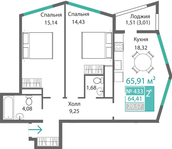 Планировка 2-комн 64,41, 64,77 м²