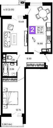 Планировка 2-комн 57,86 м²