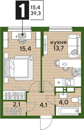 Планировка 1-комн 39,3 м²