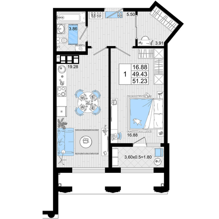 Планировка 1-комн 51,23 м²