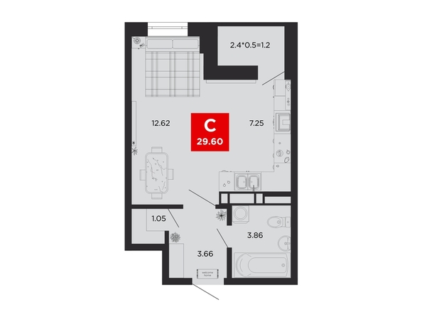 Планировка Студия 29,2, 29,6 м²