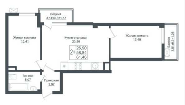 Планировка 2-комн 61,46 м²