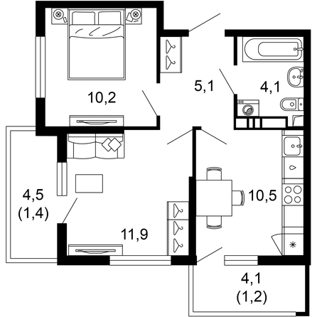 Планировка 2-комн 44,4 м²