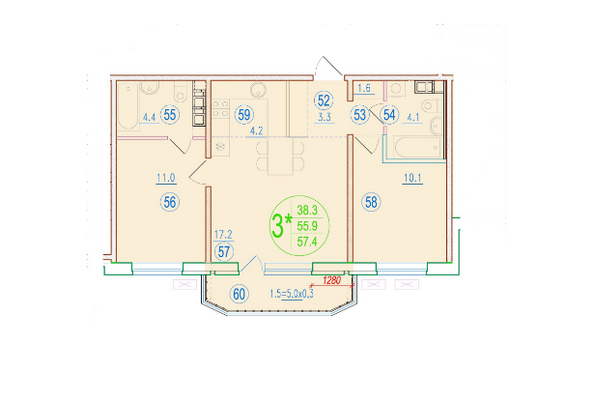 Планировка 3-комн 57,4 м²