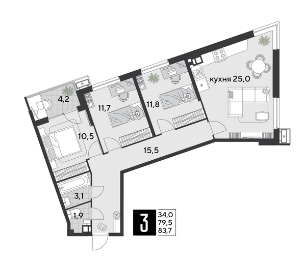 Планировка 3-комн 83,7 м²