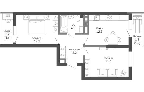 Планировка 2-комн 50,3 м²