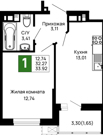 Планировка 1-комн 33,92 м²