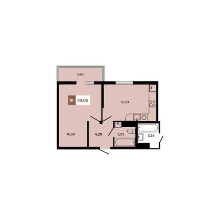 Планировка 1-комн 39,05 м²