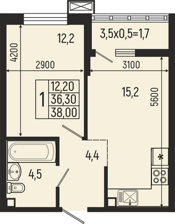 Планировка 1-комн 38 м²