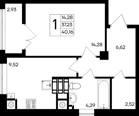 Планировка 1-комн 40,16, 40,39 м²