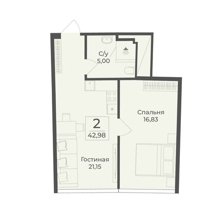 Планировка 1-комн 42,98 м²