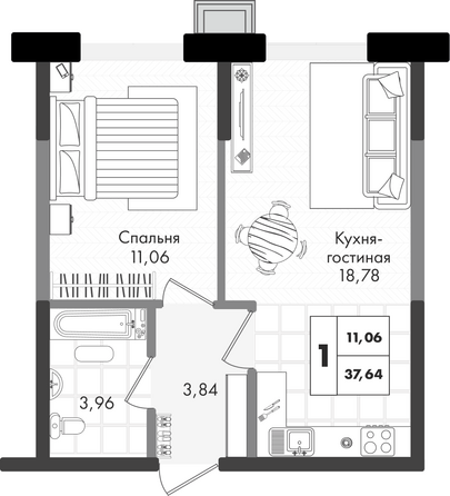 Планировка 1-комн 37,64 м²