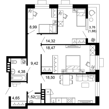 Планировка 3-комн 82,12 м²