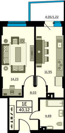 Планировка 1-комн 39,73 - 39,96 м²